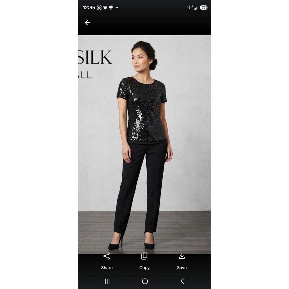 August Silk Black Sequin Short Sleeve Blouse Top Size Petite Party Glam Sz PS